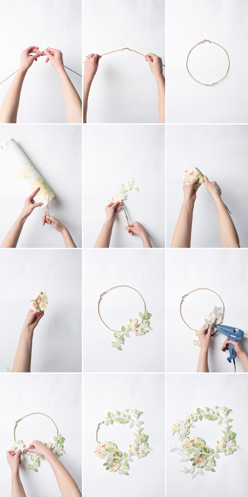 Make a spring wreath from floral wallpaper from Laura Ashley