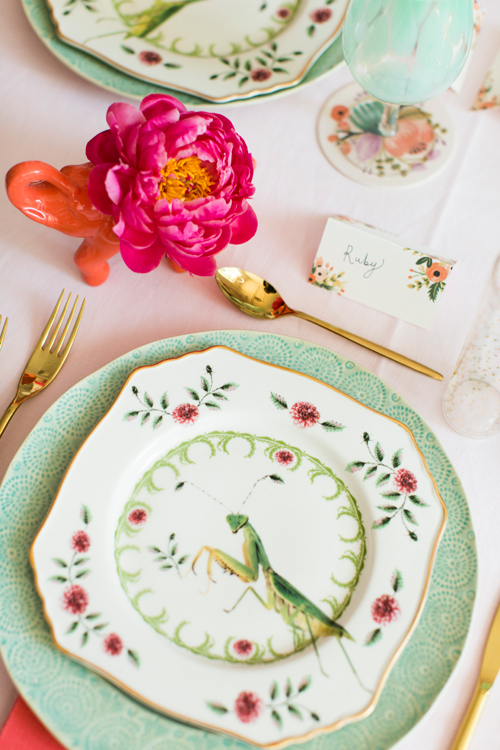 Flamingo Pop. A bridal collaboration with BHLDN and The House That Lars Built. Dinnerware and flatware from Anthro. Name tags from BHLDN. Flowers by Tinge. Photo by Jessica Peterson.