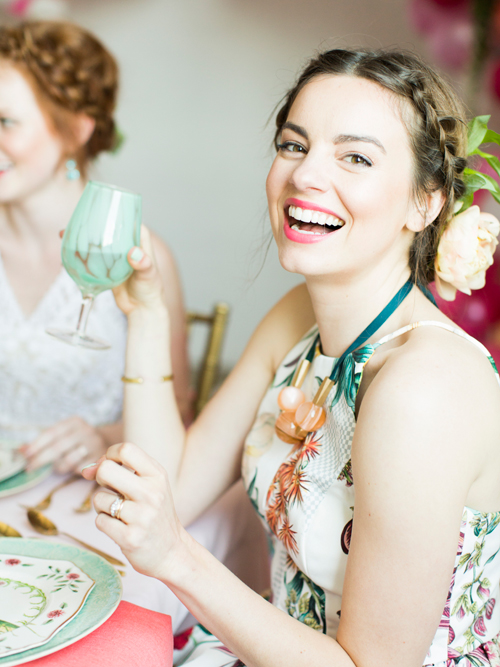 Flamingo Pop. A bridal collaboration with BHLDN and The House That Lars Built.. Goblets and dinnerware from Anthro. Top and jewelry from Anthro. Photo by Jessica Peterson.