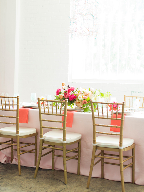 Flamingo Pop. A bridal collaboration with BHLDN and The House That Lars Built. Table linens and chairs from Scene Makers. Flowers by Tinge. Photo by Jessica Peterson.