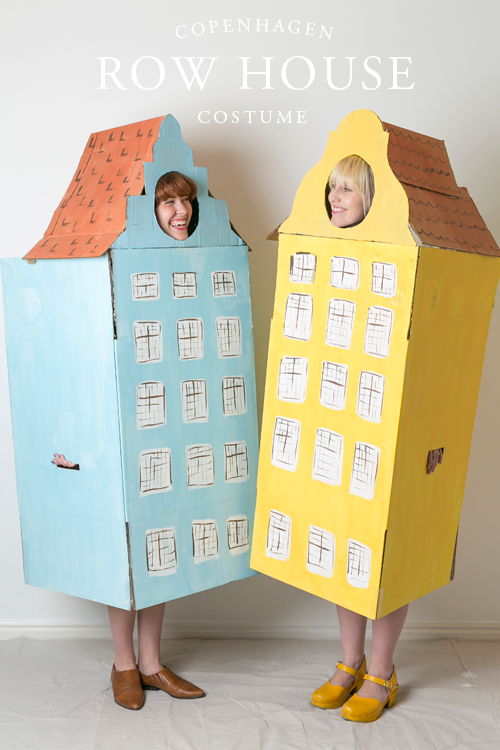 Row house Halloween costume made from a cardboard box