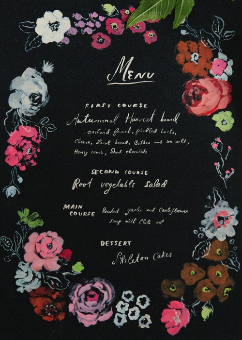 Black and floral printable halloween menu