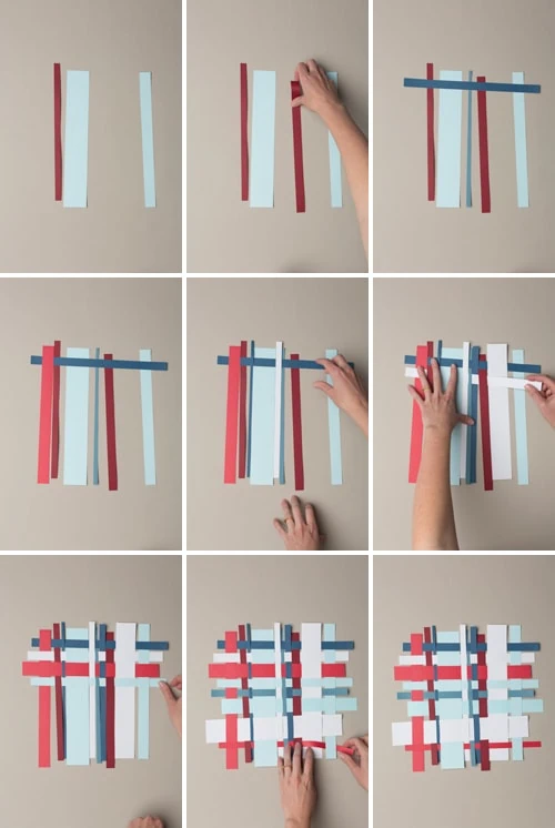 step by step photos detailing how to weave 4th of July paper placemats