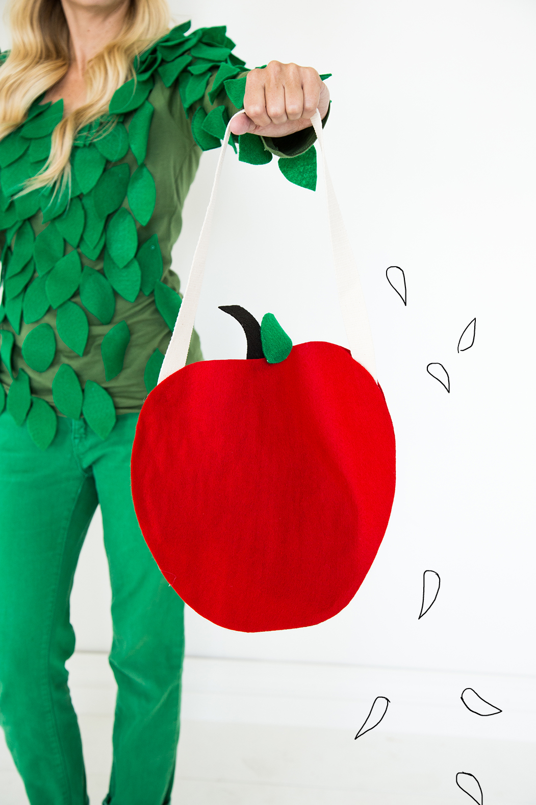 The Giving Tree Halloween costumes for parent and child along with a coordinating trick-or-treat bag