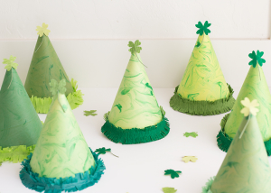 DIY marbled shamrock party hats for St. Patrick's Day