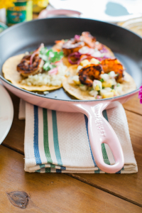Pink Le Creuset pan Mexican Tacos