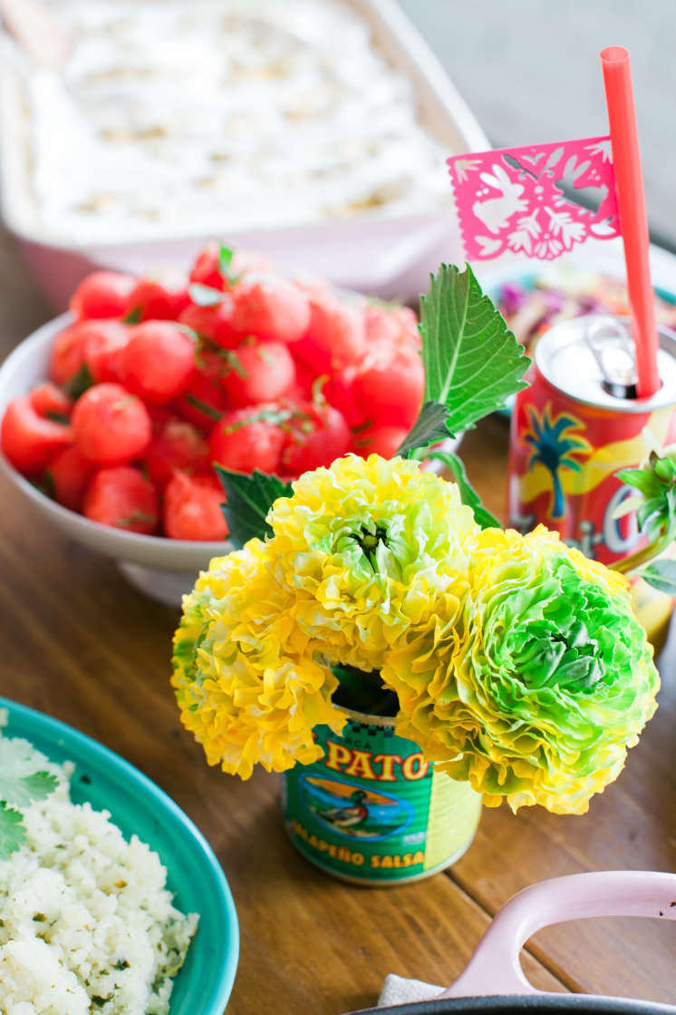 Watermelon Balls Brights flowers, mexican food and soda with Papel Picado straw