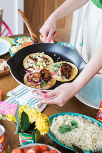 Mexican Food Dinnerware and Le Creuset Pan with three tacos