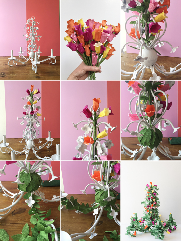 Diy Upcycled Paper Flower Chandelier, Chandelier With Flowers And Leaves