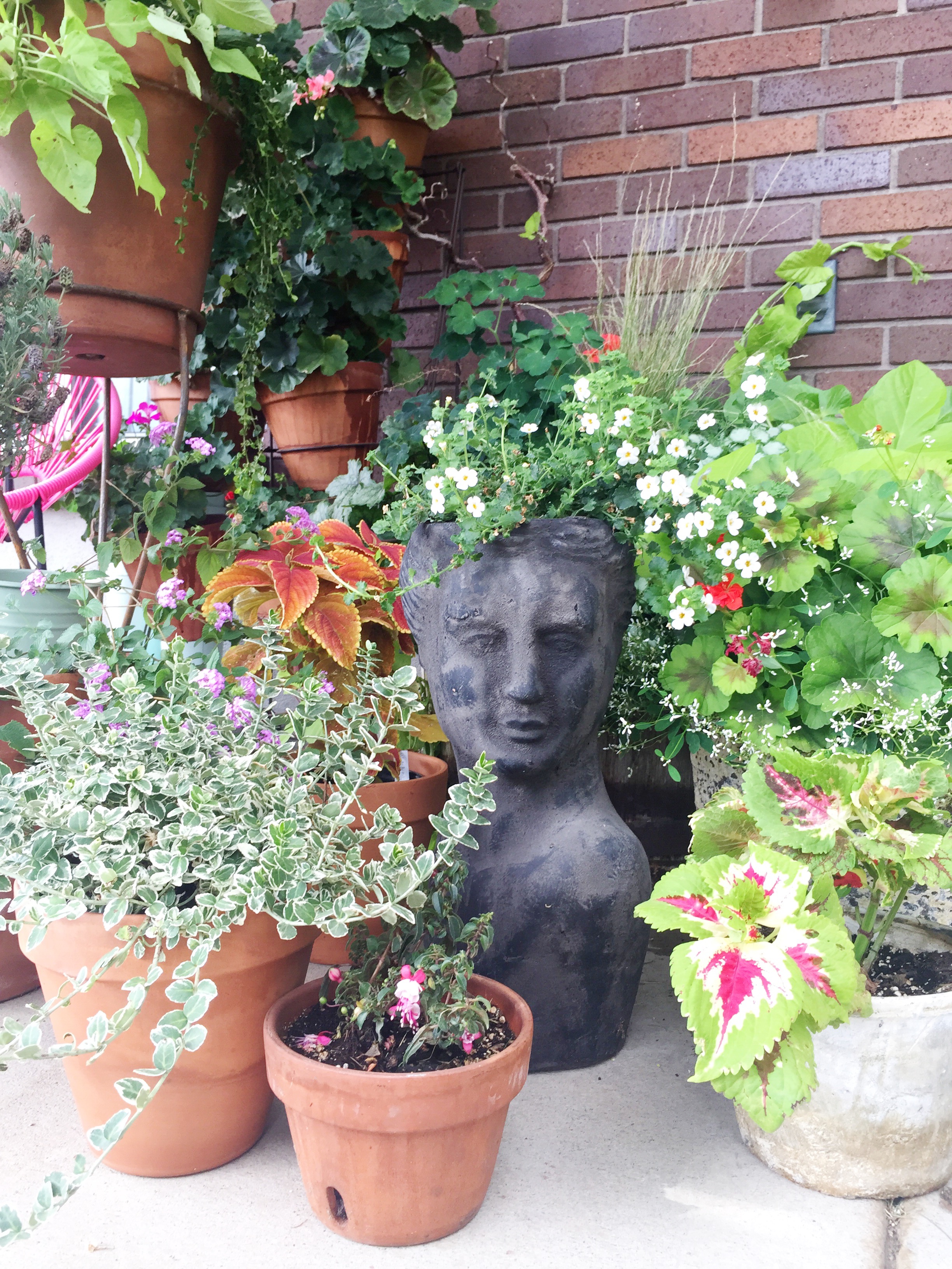planter garden with a sculptural head planter