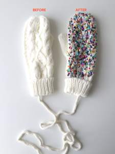 DIY beaded mittens before and after