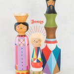 Mary Joseph and Jesus nativity wood finial set