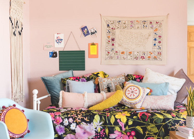 colorful, eclectic dorm room makeover