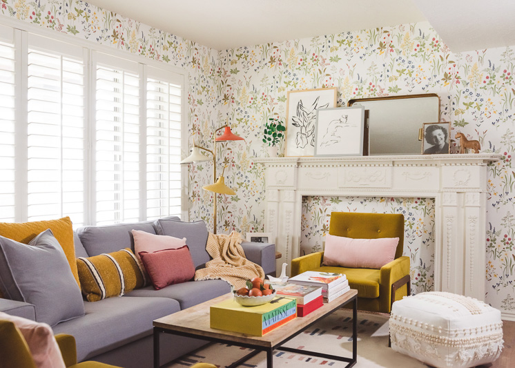 Living Room Reveal with wildflower wallpaper