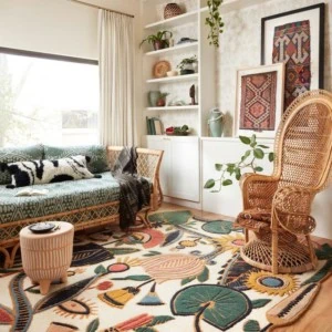 A brightly-lit room with a modern rug by Jungalow. The room has shelves, plants, a wicker rocker, a big window, and a sunbed.