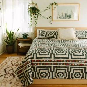 A Jungalow hypnotic quilt set on a light wood bed. The space has windows and plants and is airy and funky at the same time.