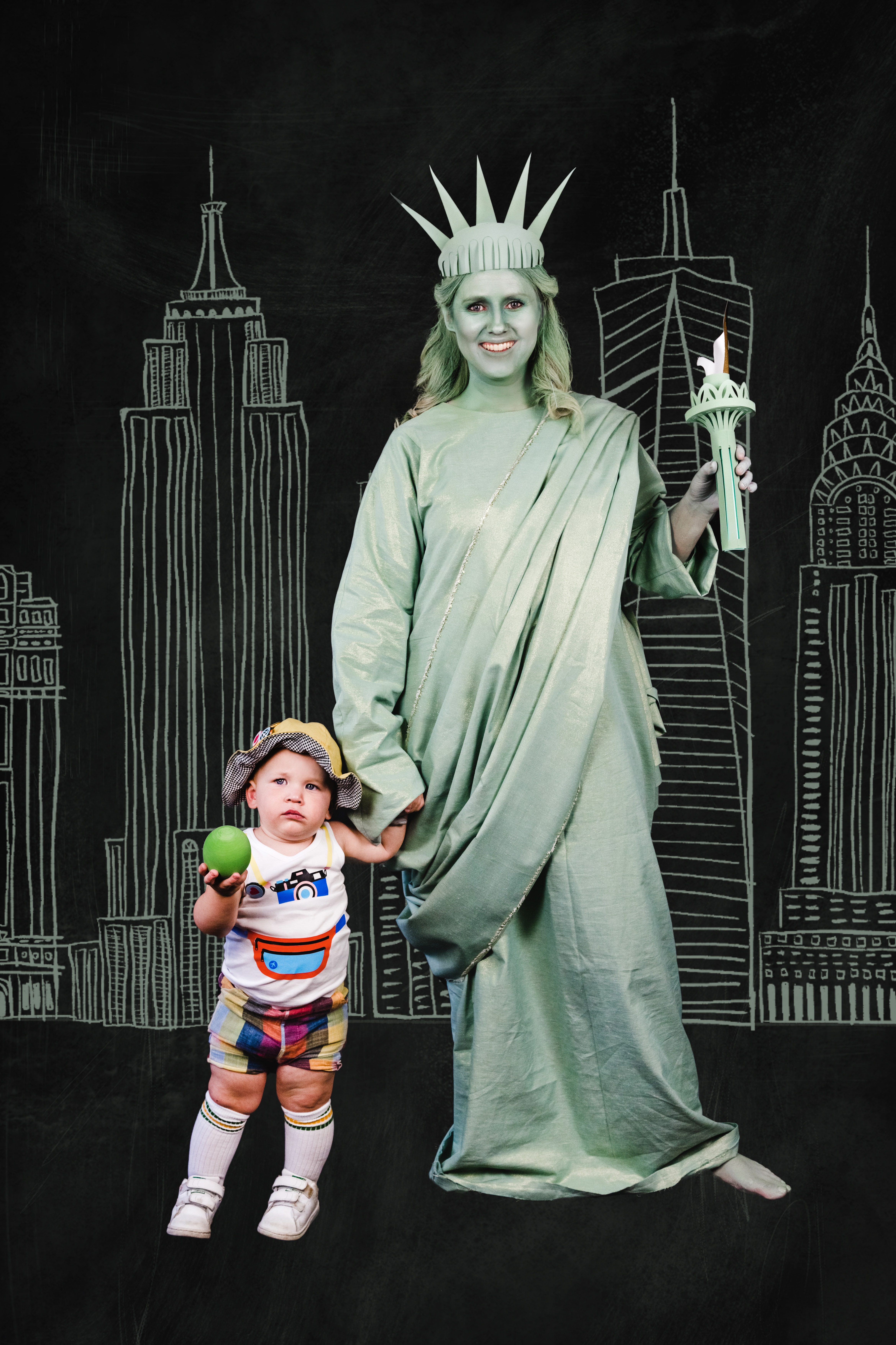 Statue of Liberty and her NYC Tourist Halloween mommy and Me Costume. 