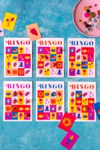 bingo games on a blue background. It's very colorful.