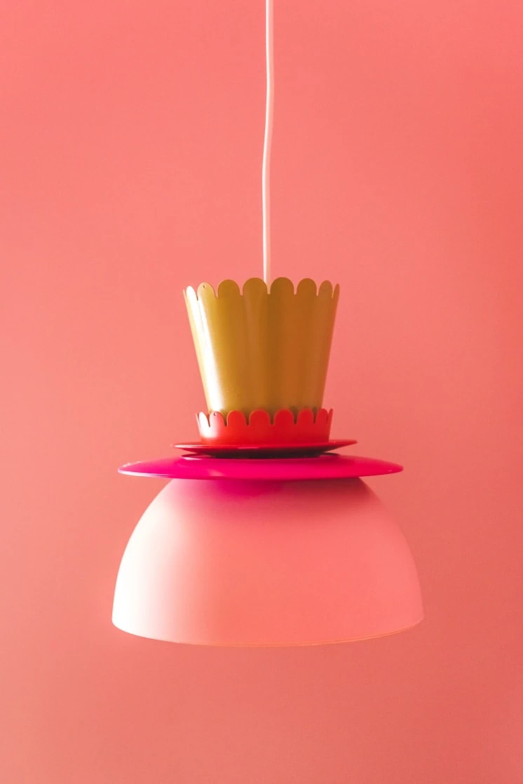 pink and yellow DIY lamp made from plates and bowls 