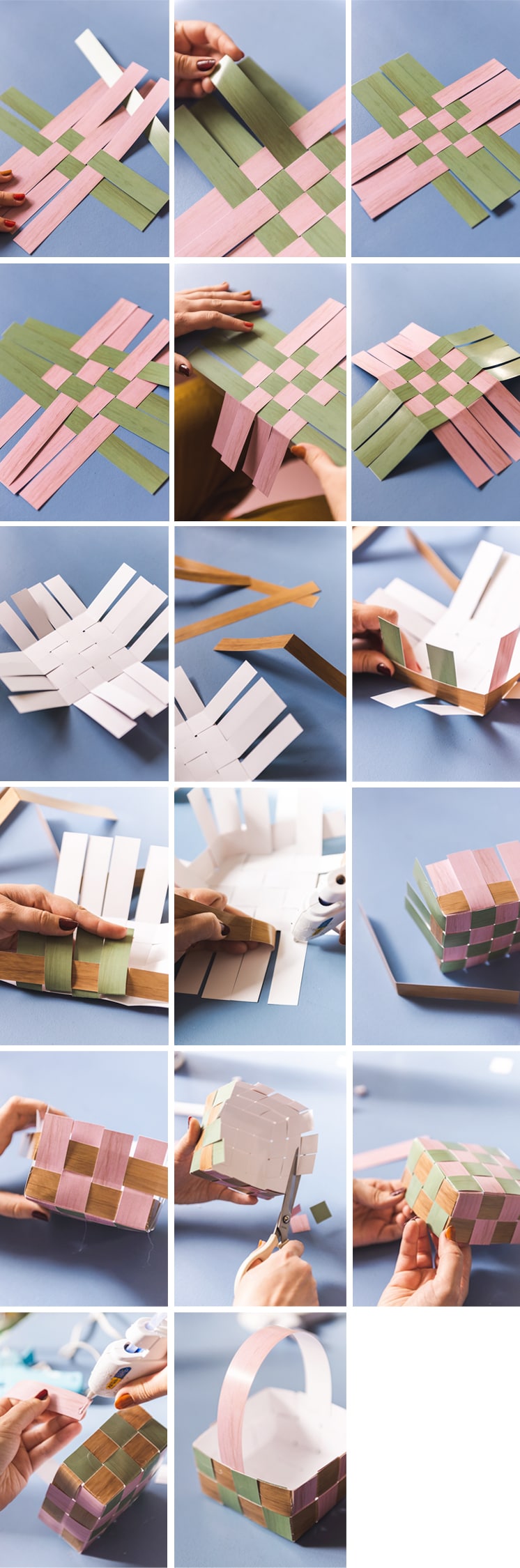 Step-by-step process photos of paper easter basket construction