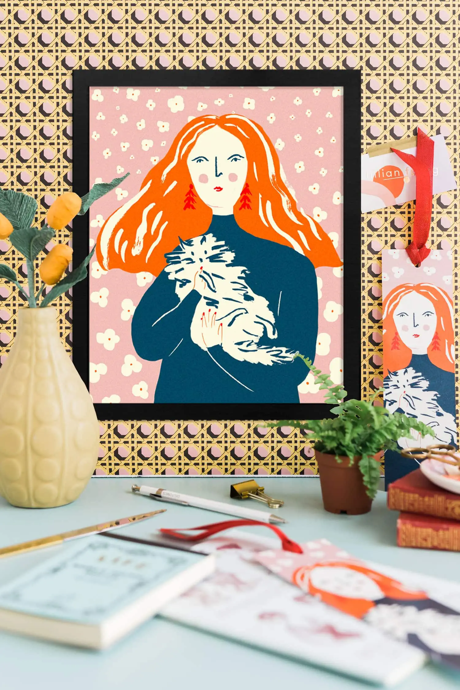 Portrait of Grace Coddington by Josefina Shargorodsky among paper and real plants on a patterned wall