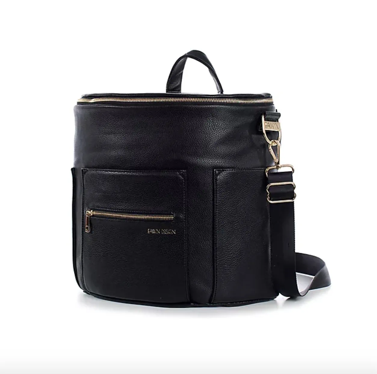 A Black leather diaper bag on a white background