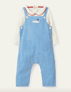 gingham overall outfit with an embroidered dog