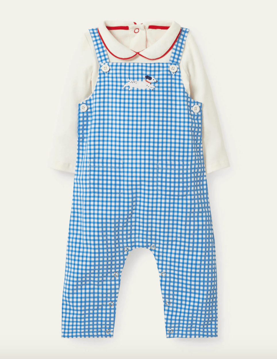gingham overall outfit with an embroidered dog