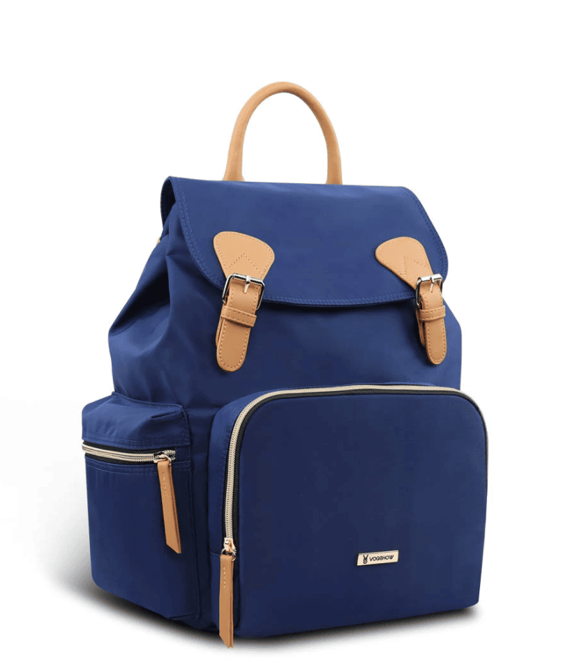 Blue waterproof vogshow backpack diaper bag with caramel-colored details on a white background.