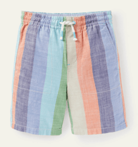 Drawstring striped shorts in purple, blue, orange, green, and yellow
