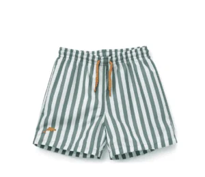 Green and white vertical striped boys swim trunks with a small embroidered dolphin in the corner of the leg