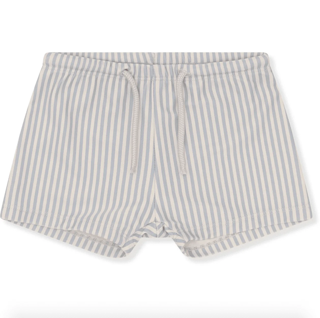 Unisex swim shorts in a light blue and cream pinstripe pattern