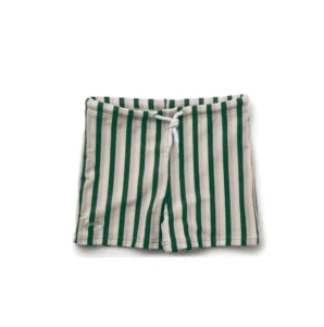 Green, beige, and cream striped swim trunks for baby