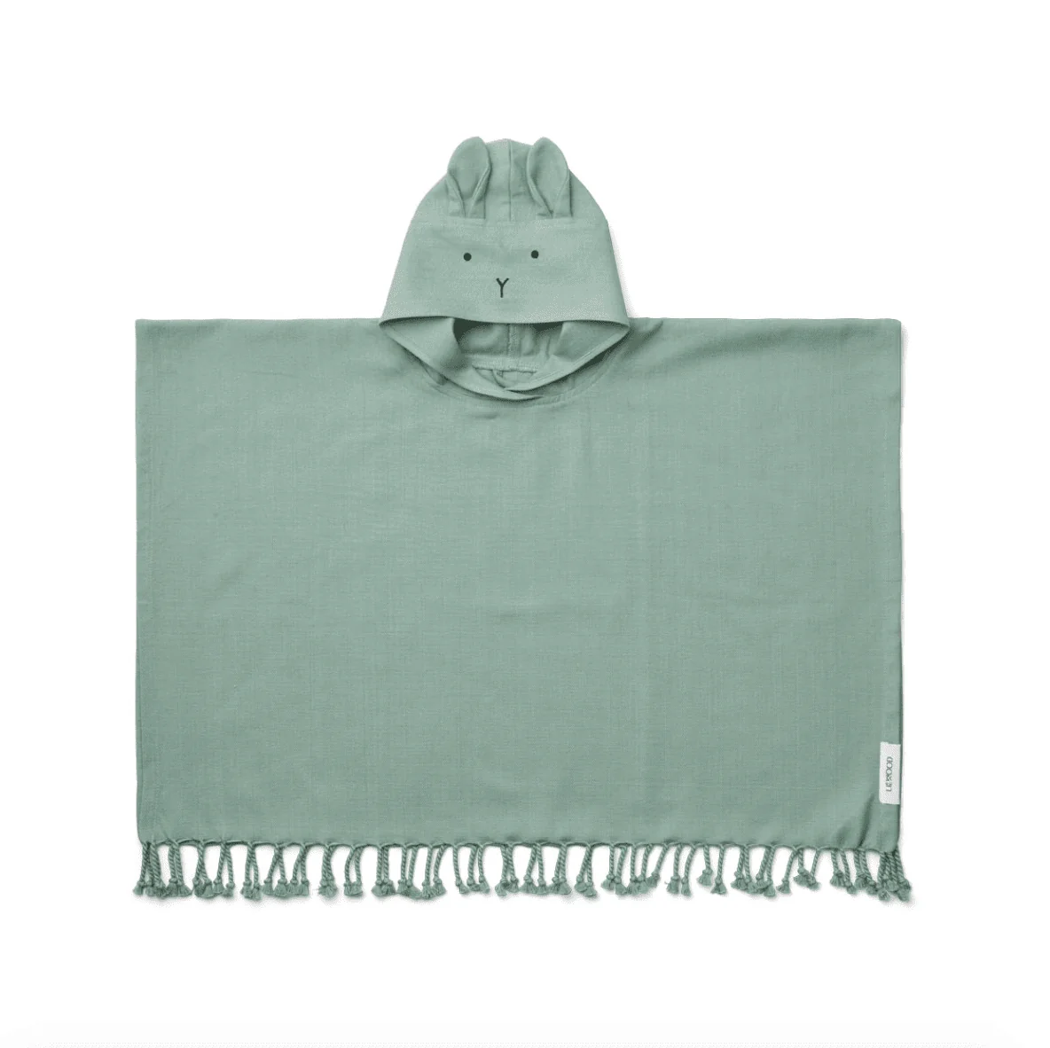 Sage green tassled beach poncho with a face and ears on the hood