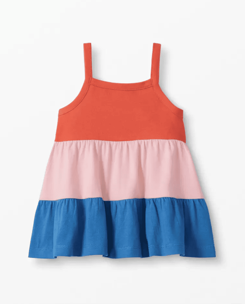 a gathered tanktop with red, pink, and blue colorblock stripes
