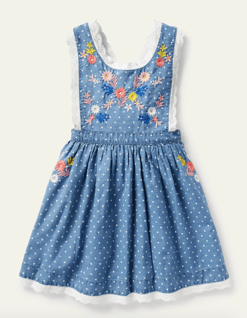 Blue swiss dot dress with colorful embroidered flowers