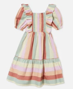 Sherbet-colored striped dress with ruffles