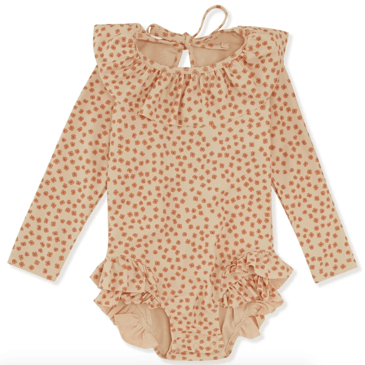 Buttercup flowers on a ruffled long-sleeved swimsuit