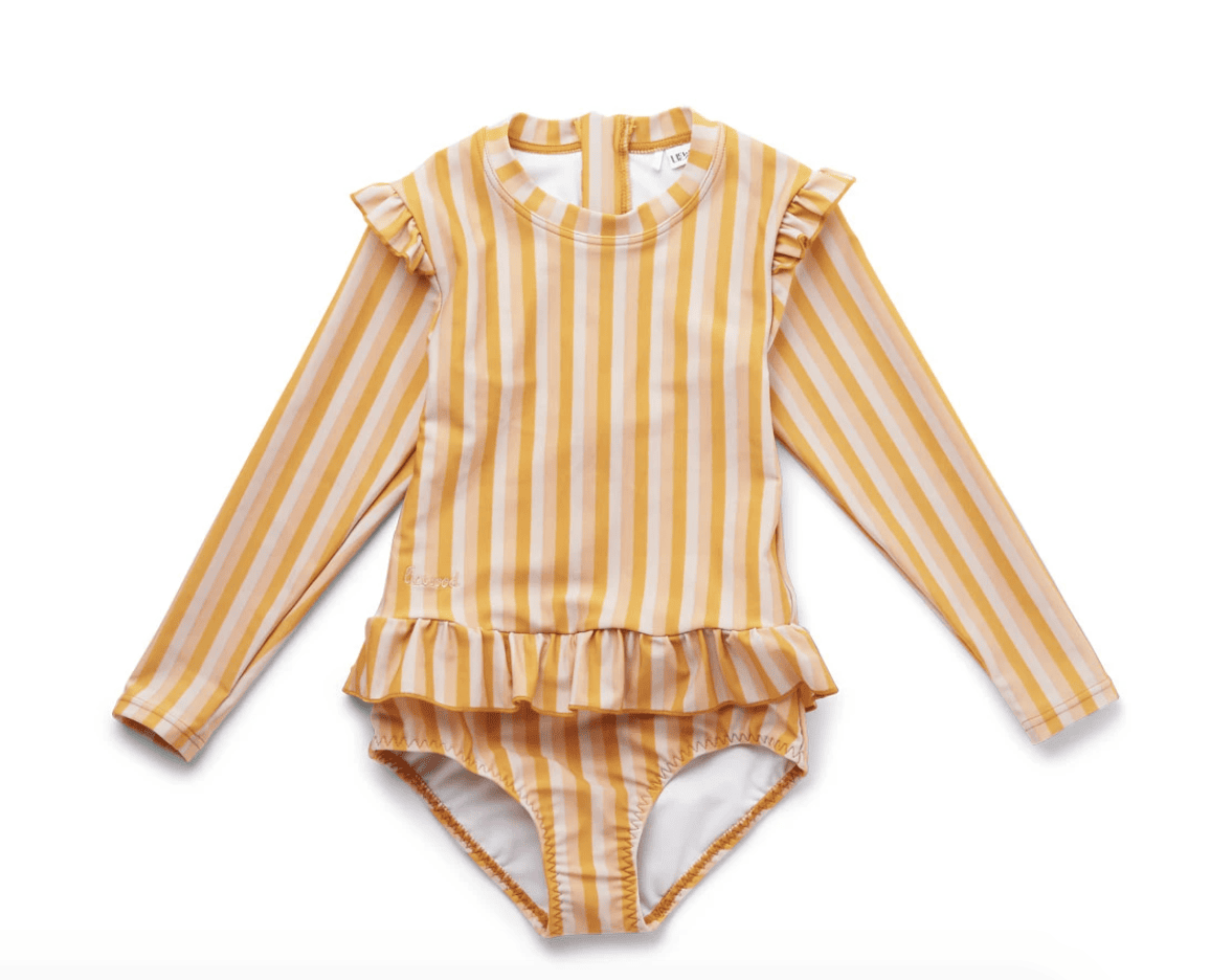 Striped and ruffled long-sleeve swimsuit in yellow.