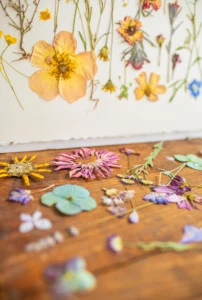 Yellow flowers glued to a white paper above blue, pink, and purple flowers on a wooden surface.