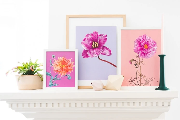 Three pink floral art prints on a white mantle next to a potted plant and a green candlestick