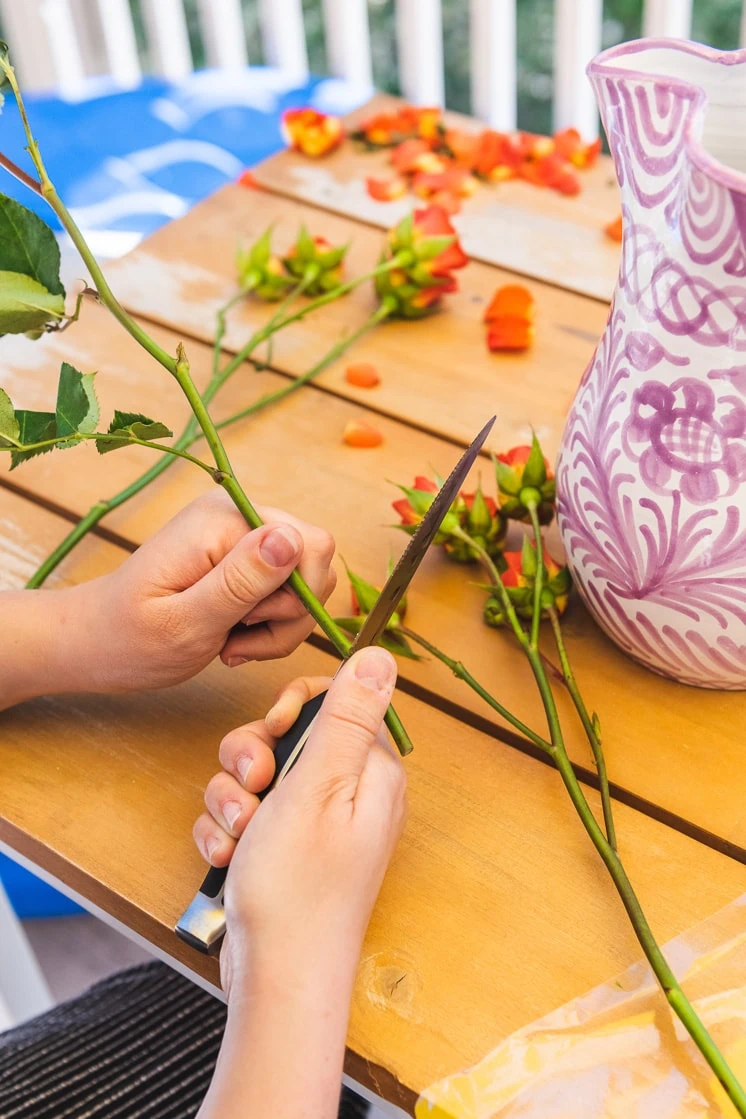 A person using a knife to trim the bottom of a stem next to some roses and a vase on a picnic table.