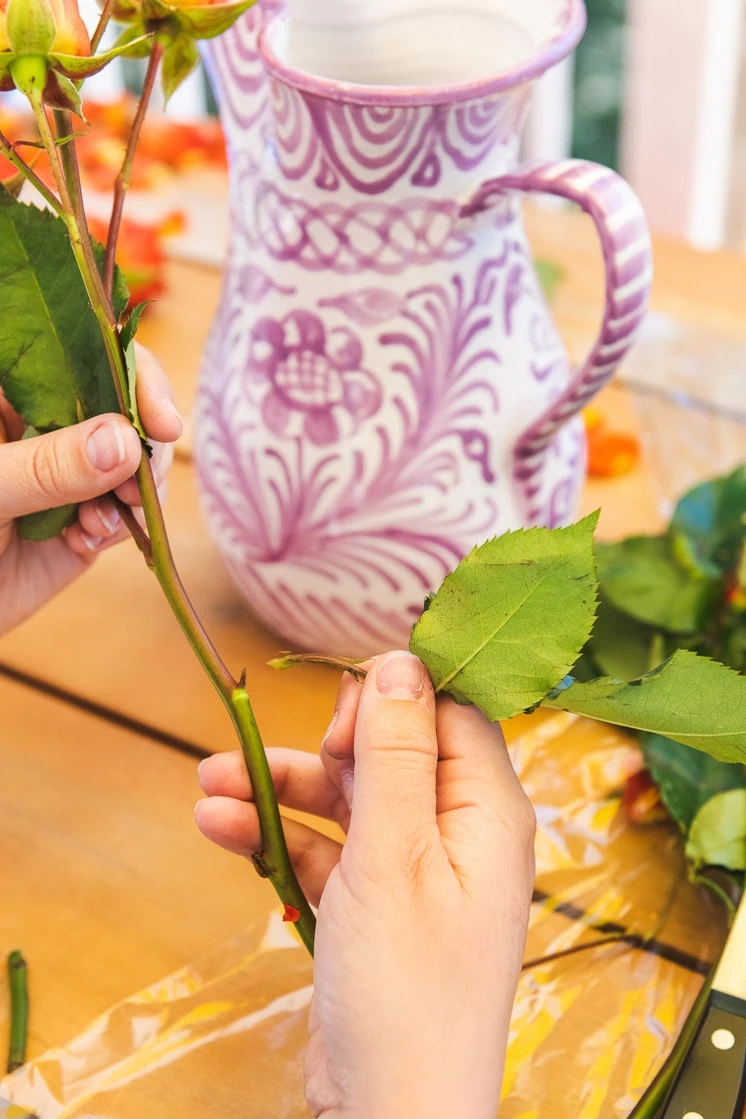 A person removes rose leaves from a stem. In the background are rose petals, greenery, and a purple and white vase on a picnic table.