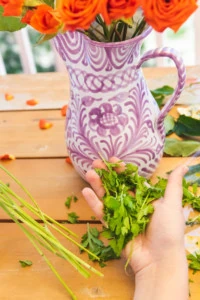 A person holds chamomile stems in one hand and the removed leaves in the other. The background has a purple and white vase, some scattered rose petals, and some greenery on a picnic table.