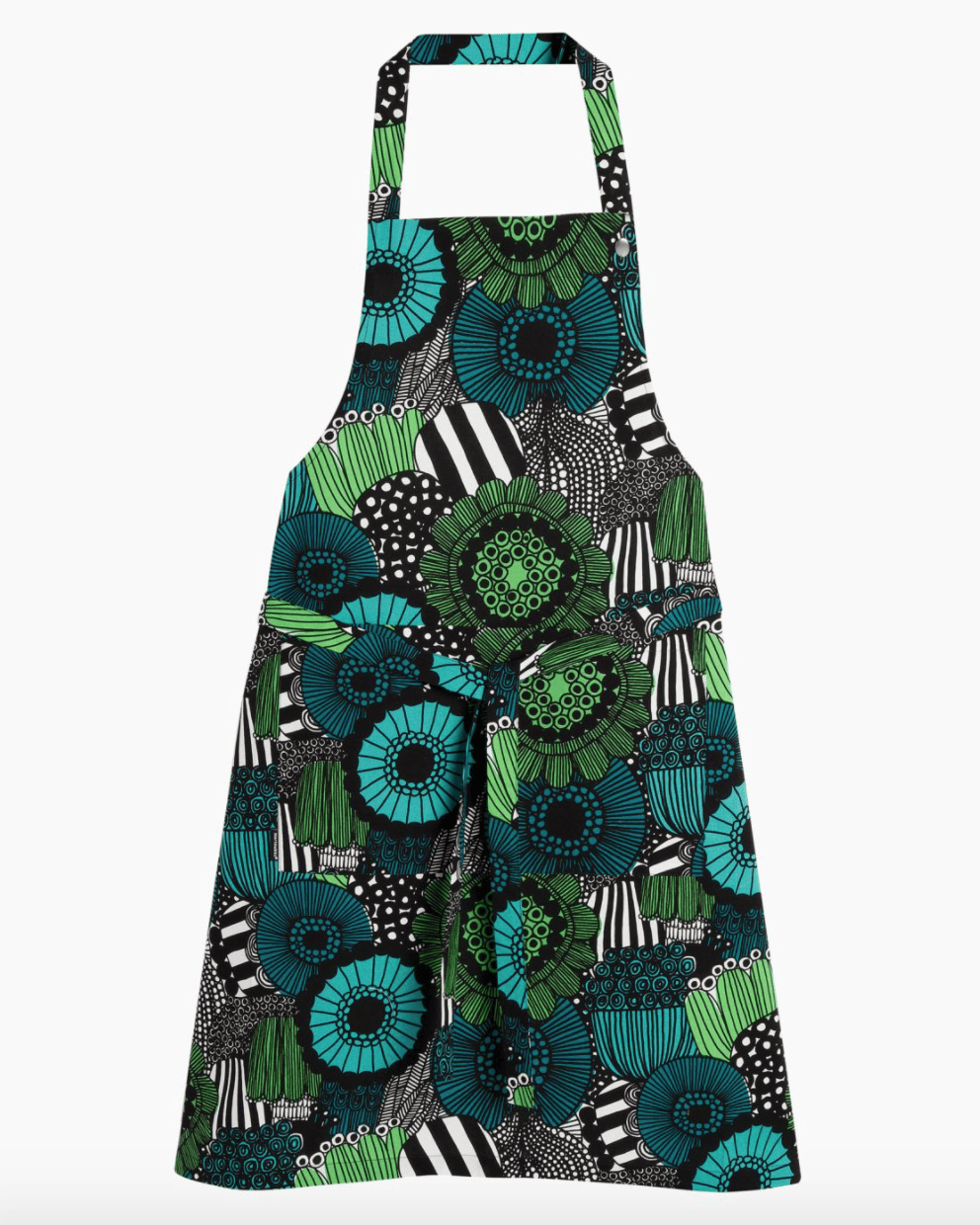 A graphic green and blue floral apron.