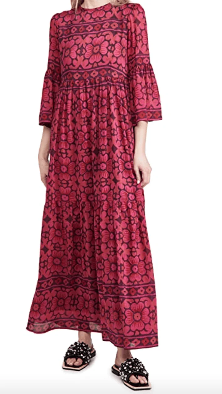 A red and pink patterned maxi dress