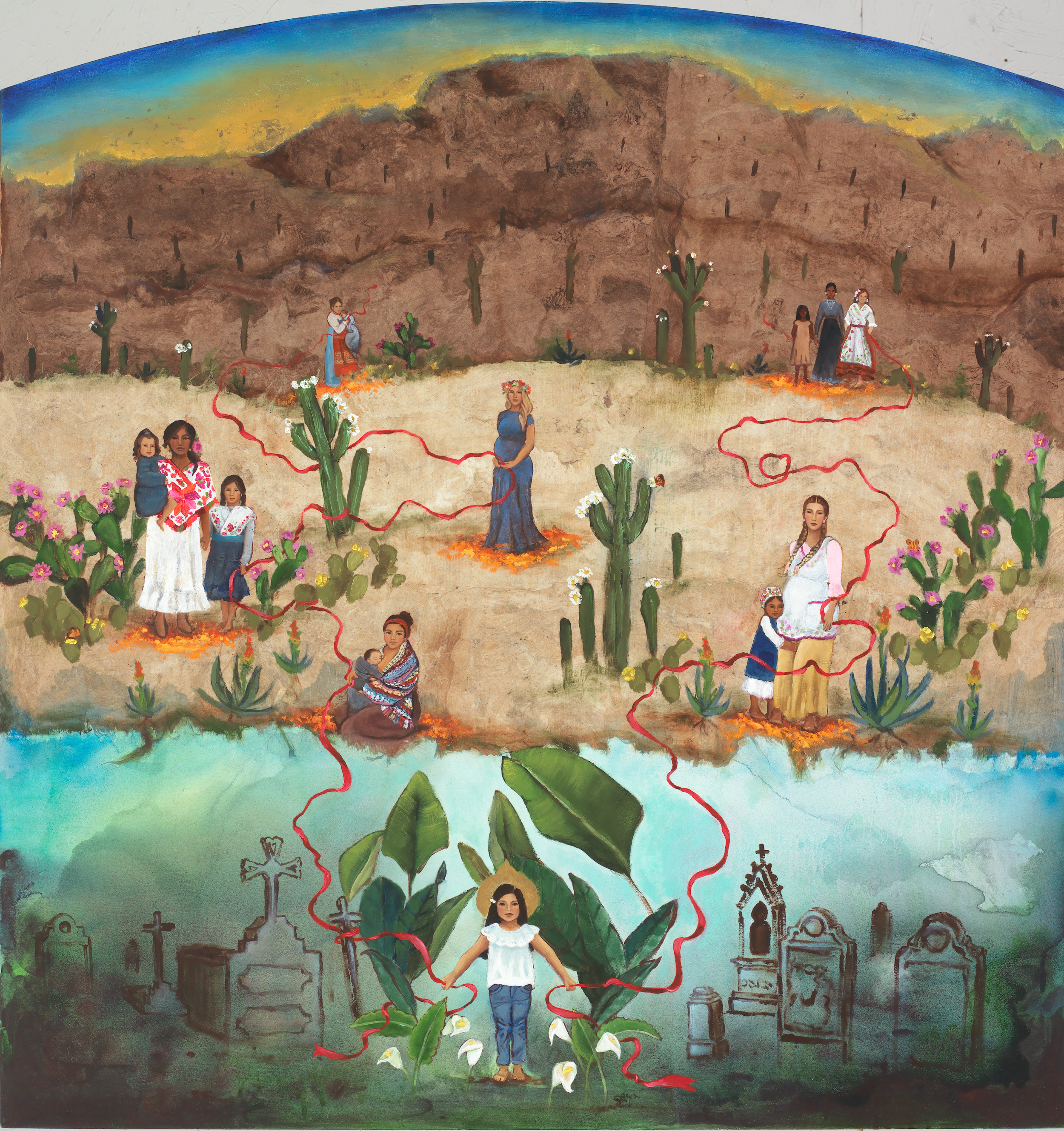 A painting of women in mountains, a desert, and a cemetery holding onto a red ribbon that connects them.
