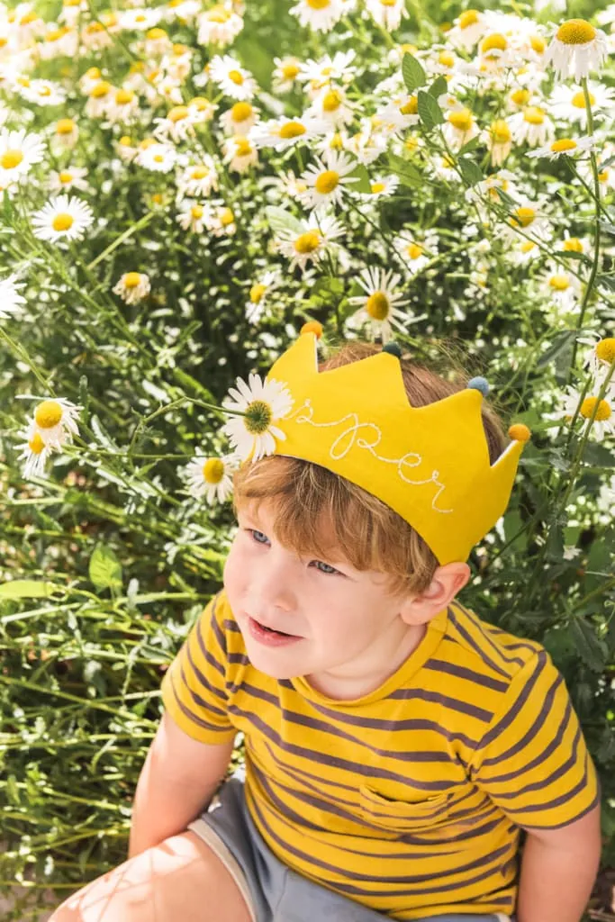 Jasper sits in a field of daisies wearing a yellow Flower Lane crown and a striped yellow shirt.