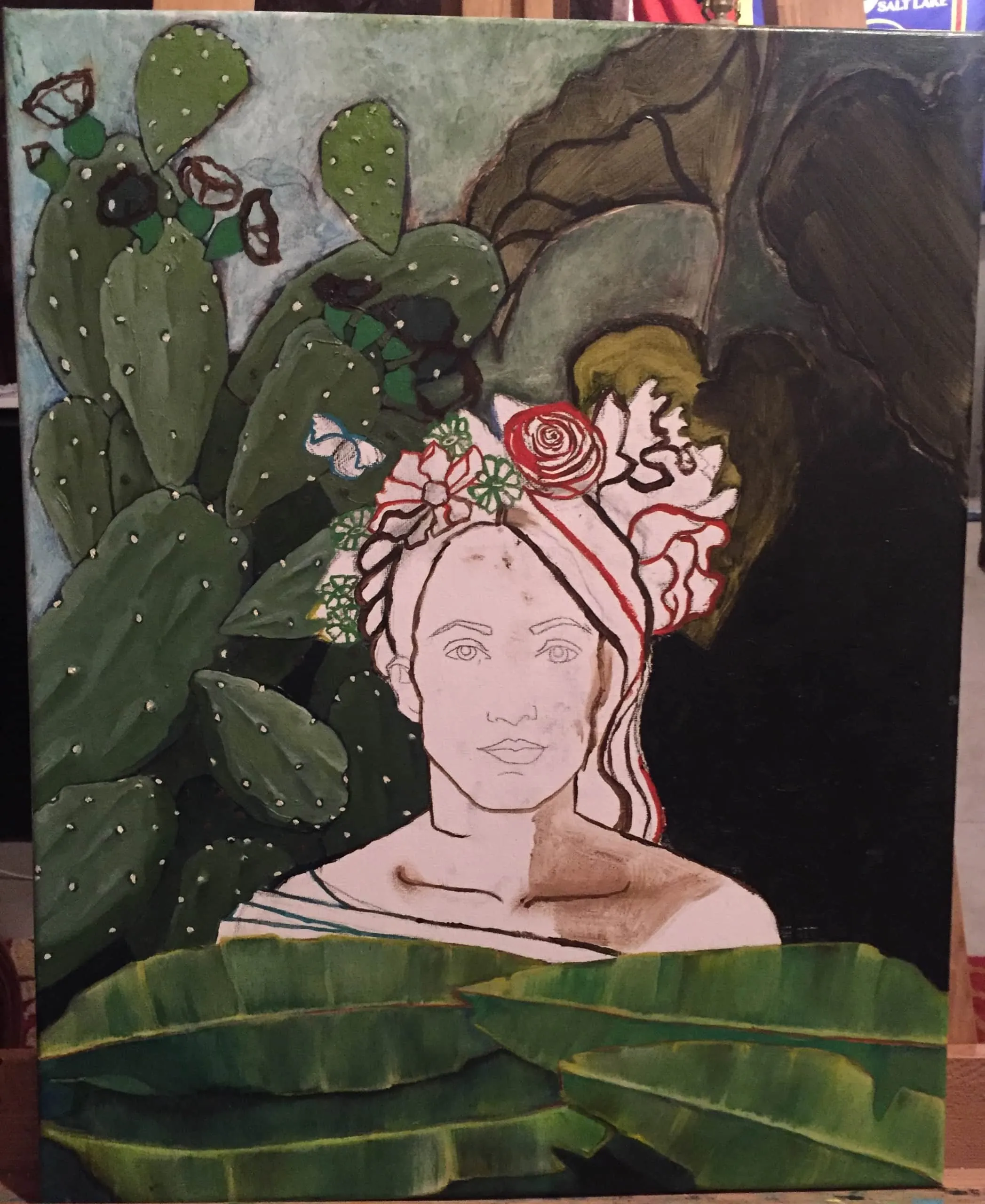 An unfinished painting of a woman against a plant background.