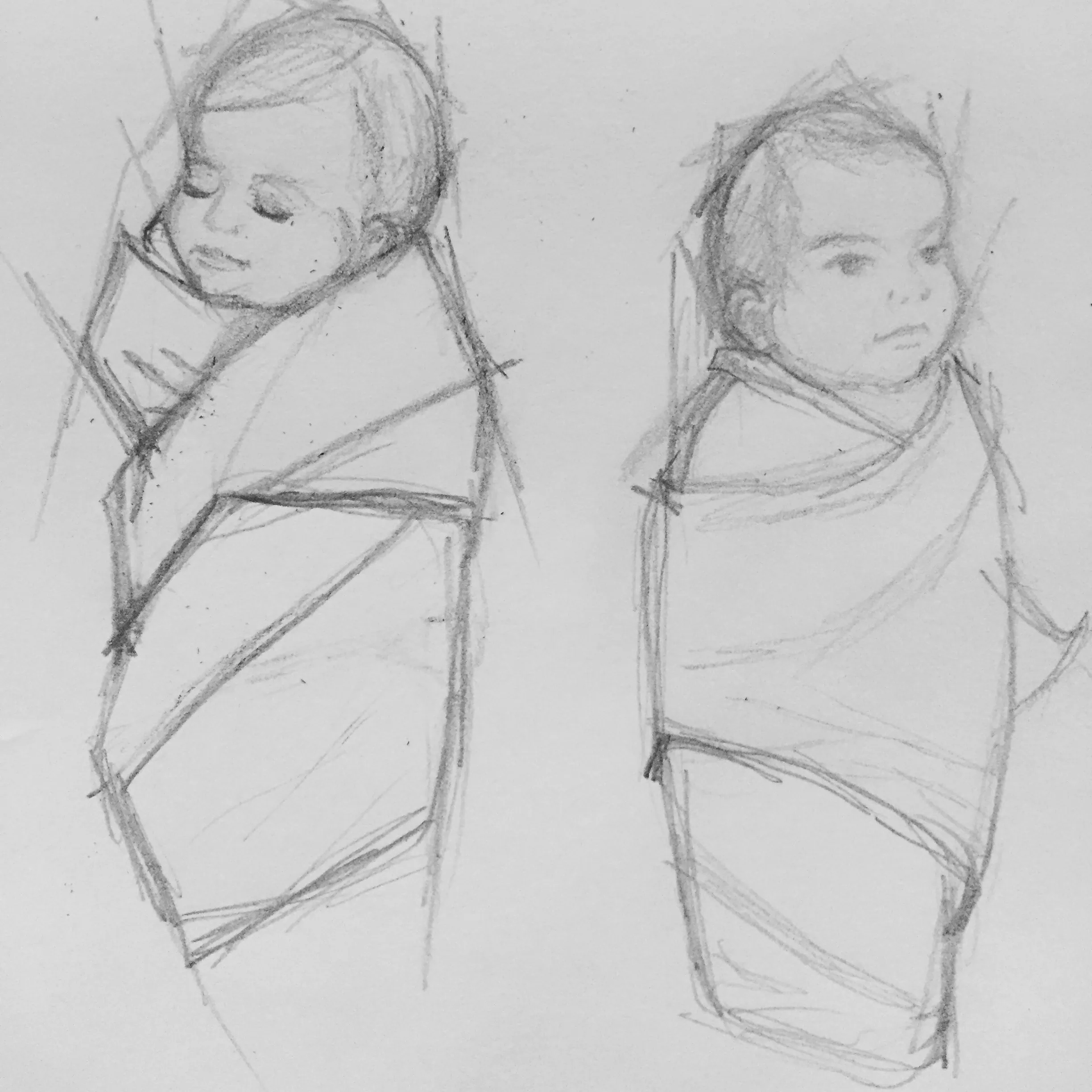  A sketch of babies swaddled in cloth. 